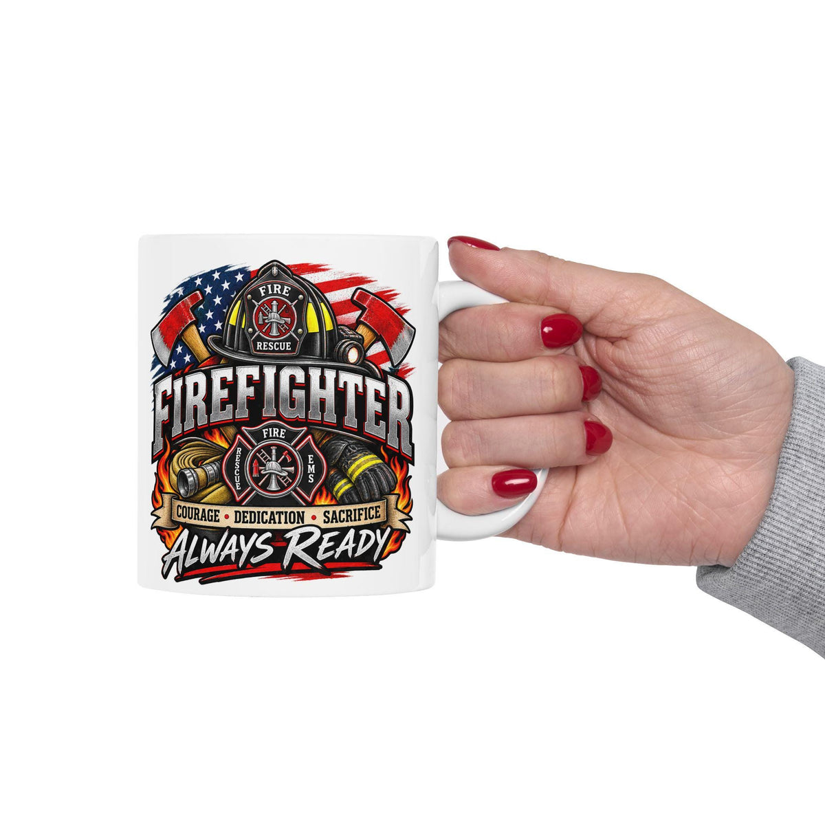 Firefighter Helmet Axes Mug | Courage Dedication Sacrifice Coffee Cup