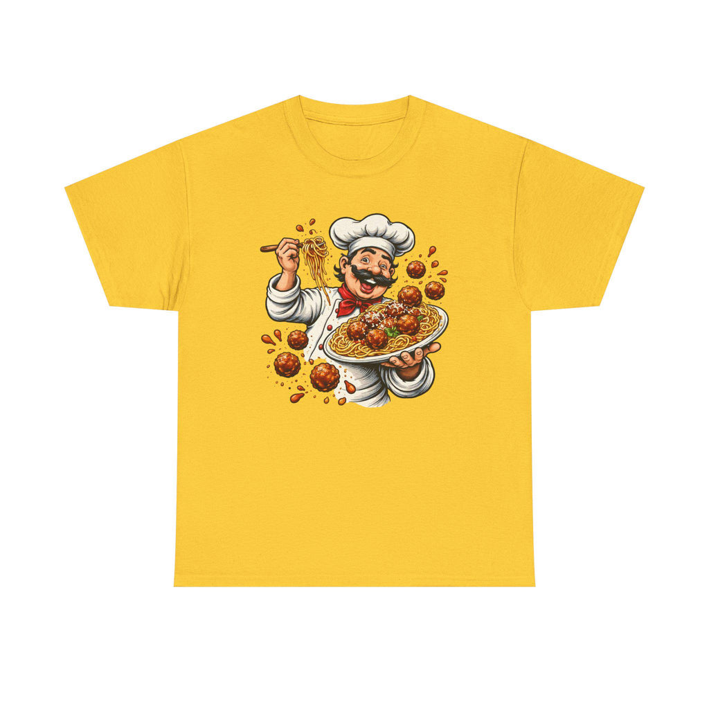 Happy Chef with Spaghetti and Meatballs T-Shirt | Pasta Cook Illustration