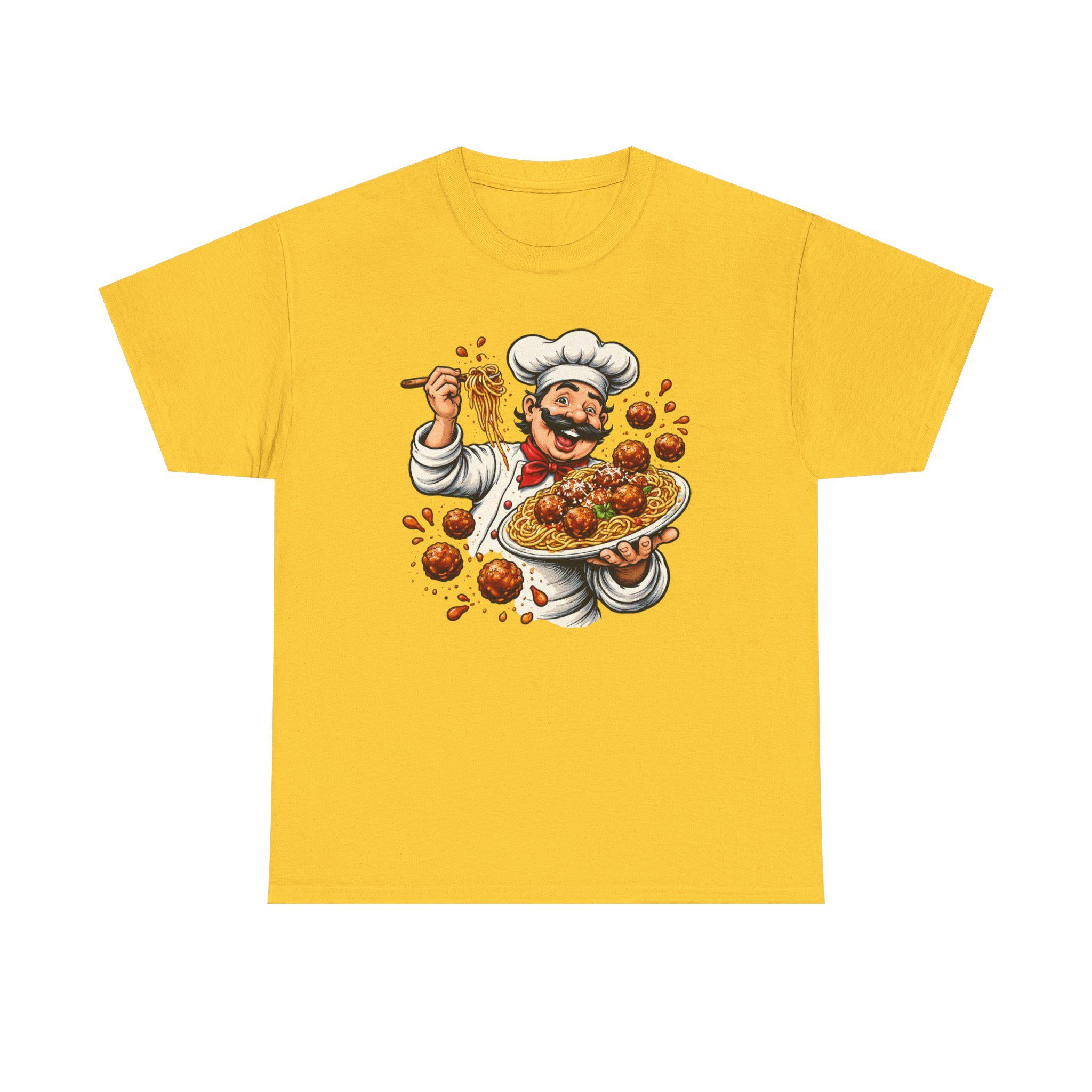 Happy Chef with Spaghetti and Meatballs T-Shirt | Pasta Cook Illustration