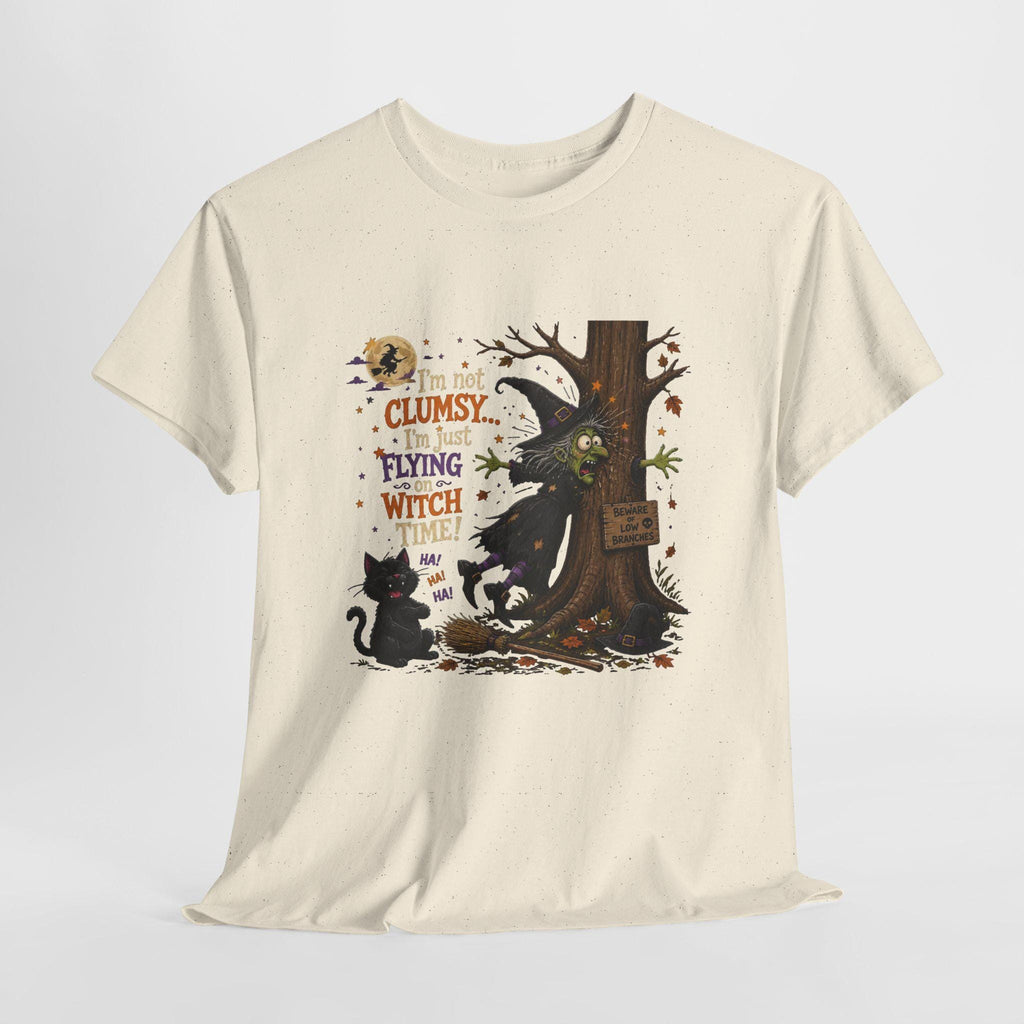 Clumsy Flying Witch T-Shirt | Halloween Cat Tree Illustration (100% Cotton)