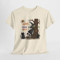 Clumsy Flying Witch T-Shirt | Halloween Cat Tree Illustration (100% Cotton)
