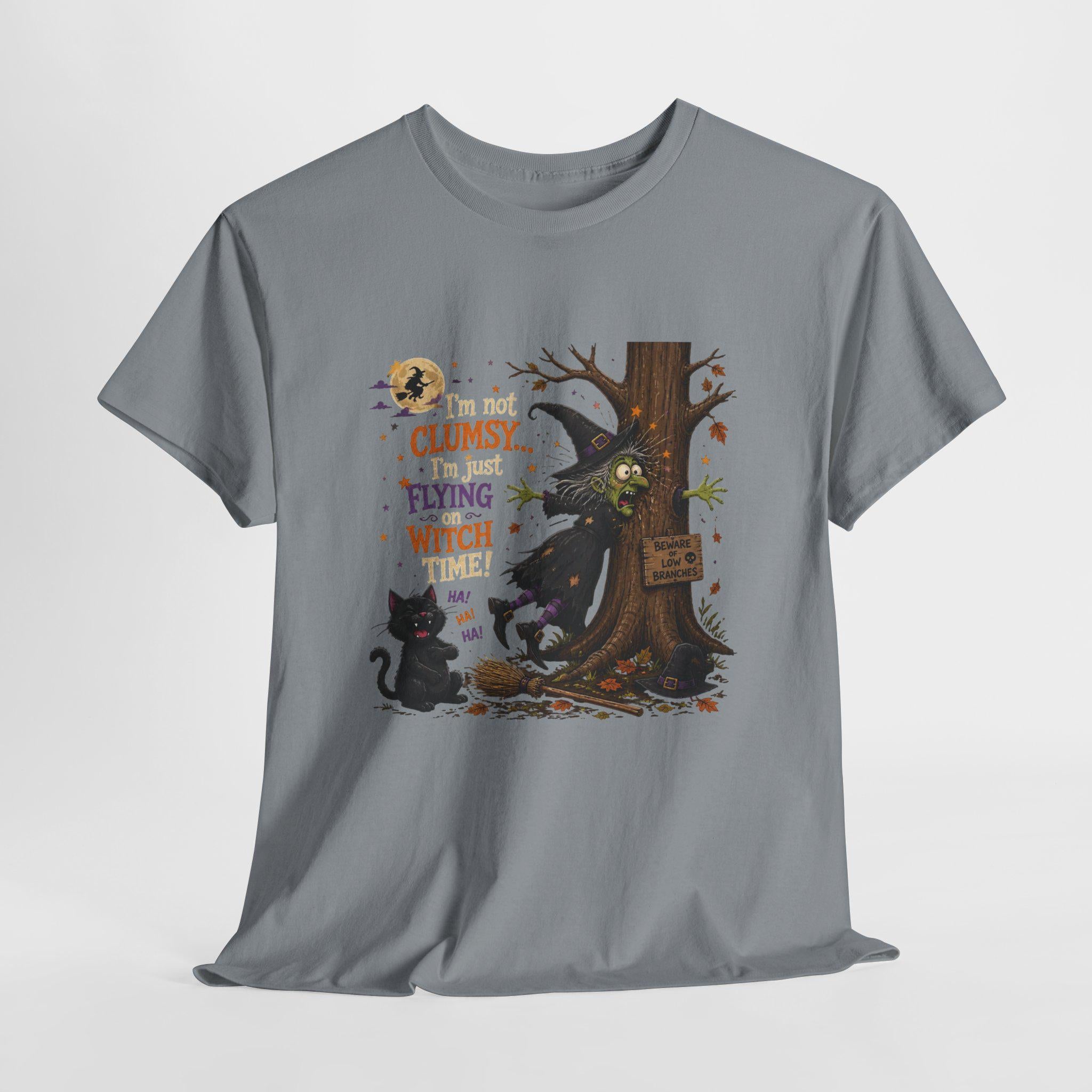 Clumsy Flying Witch T-Shirt | Halloween Cat Tree Illustration (100% Cotton)