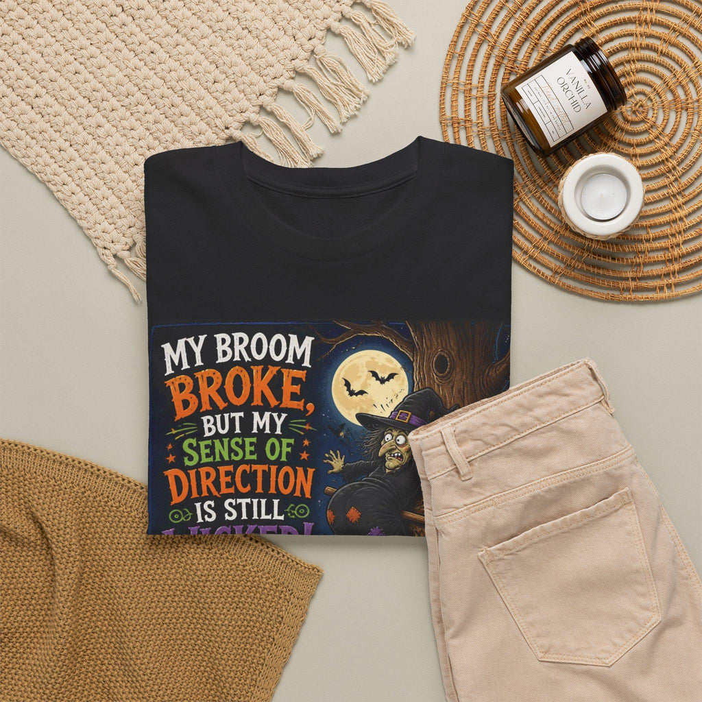 Humorous Witch Broom Broke Halloween Tee | Wicked Sense of Direction