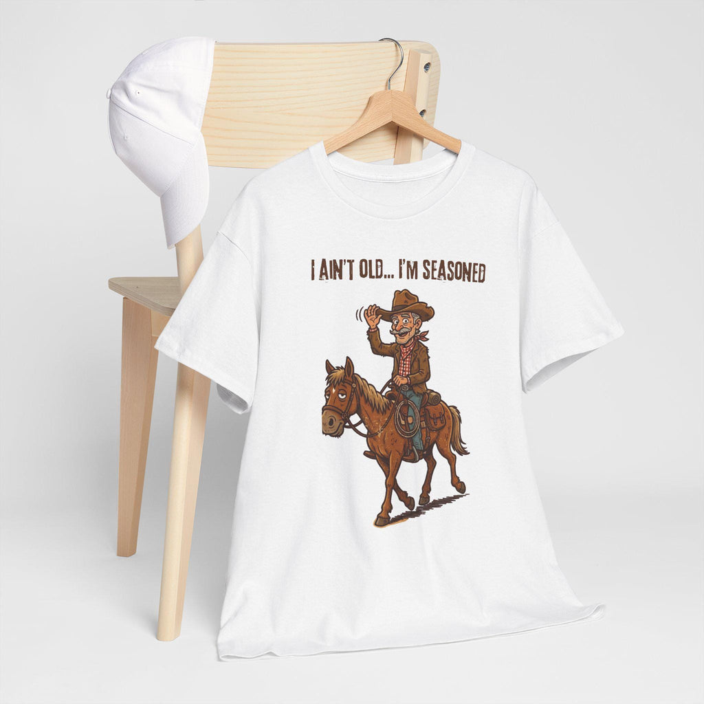 I Ain't Old I'm Seasoned Cowboy on Horse T-Shirt | Western Humor, Rodeo Graphic
