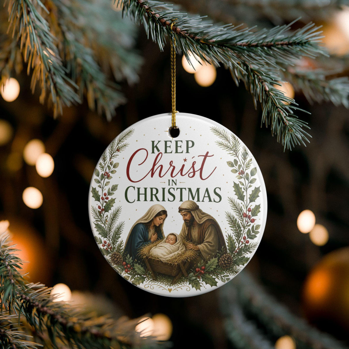 Ceramic Nativity Ornament | Keep Christ in Christmas, Pine Holly Accents